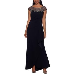 Xscape Women's 16 Black Beaded Yoke Illusion Boat Neck Gown Formal Party HR4-31